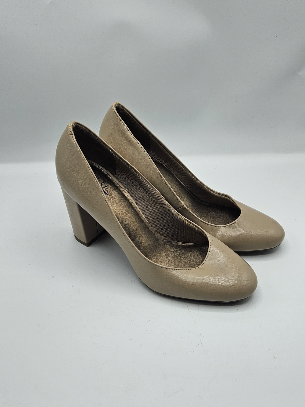 slip Taupe Chunky Heel Round-Toe Pumps